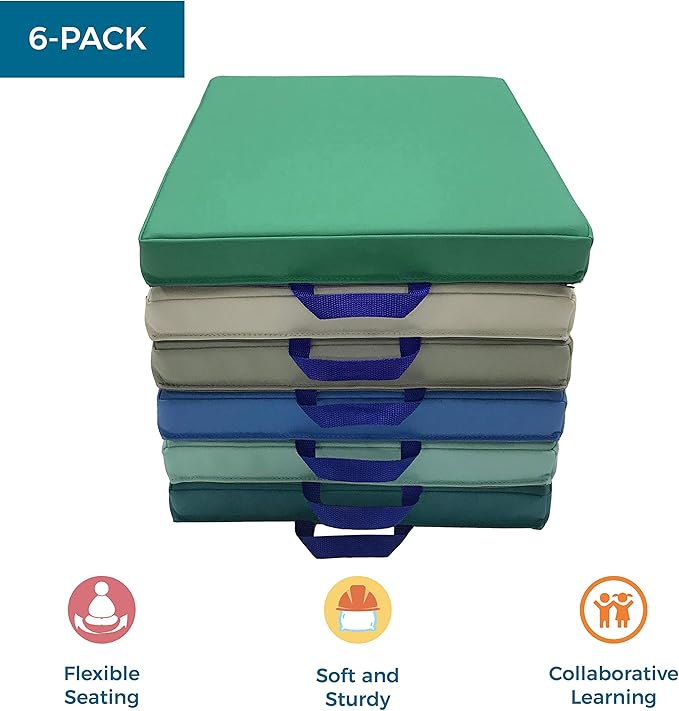 Factory Direct Partners SoftScape 15 inch Square Classroom Floor Cushions with Handles; Flexible Seating for Daycare, Preschool, Playroom; 2 inch Thick Deluxe Foam (6-Piece) - Contemporary, 12228-CT