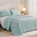 Exclusivo Mezcla Queen Quilt Bedding Set, Lightweight Aqua Blue Quilts Queen Full Size for All Seasons, Soft Microfiber Bedspreads Coverlets Bed Cover with Leaf Pattern, 3 Piece