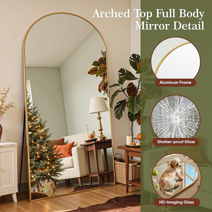 Full Length Mirror, 82"x44" Arched Full Body Mirror, Oversized Floor Mirrors, Leaning Free Standing Mirrors, Hanging Mounted Large Mirrors for Bedroom Dressing Room, Cloakroom, Gold