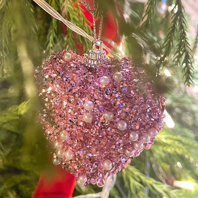 Pink Valentine's Day Heart Ornaments 10Pcs Glitter Sequin Heart Shaped Baubles Decoration Valentines Pearl Foam Hanging Decor(2.36in)