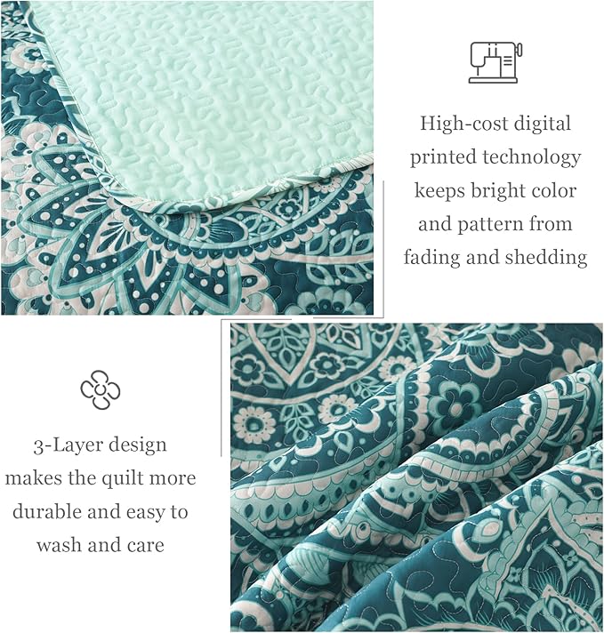 Whale Flotilla Reversible Printed Quilts Queen Size, Extra Soft Boho Paisley Floral Bedspreads for Bed Lightweight Full Queen Quilt Bedding Set Coverlets with 2 Pillow Shams for All Seasons, Turquoise