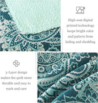 Whale Flotilla Reversible Printed Quilt King Size, Extra Soft Boho Paisley Floral Bedspreads for Bed Lightweight King Quilt Bedding Set Coverlets with 2 Pillow Shams for All Seasons, Turquoise