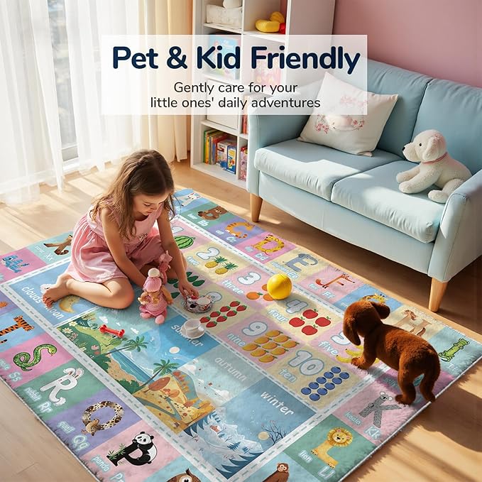 5x7ft Kids ABC Animals Education Rug - Non-Slip Faux Wool Carpet with Interactive ABC Animals Design, Educational Mat for Kids, Bedroom Playroom Nursery Gift.