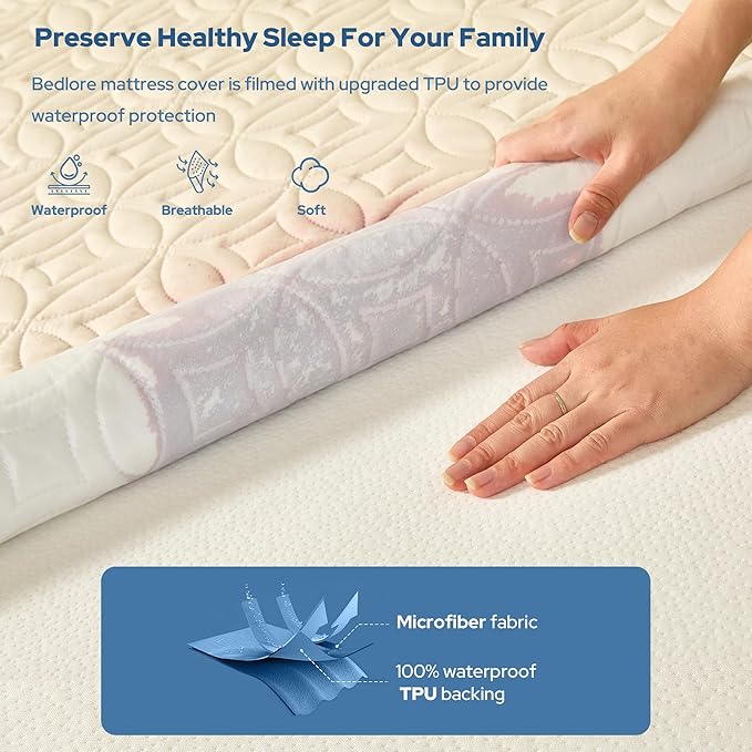 BEDLORE Waterproof Mattress Protector, Twin XL Size Mattress Pad with Deep Pocket 6"-15" Depth, Soft Breathable Bed Mattress Cover for Bedroom, College Dorm (Beige)