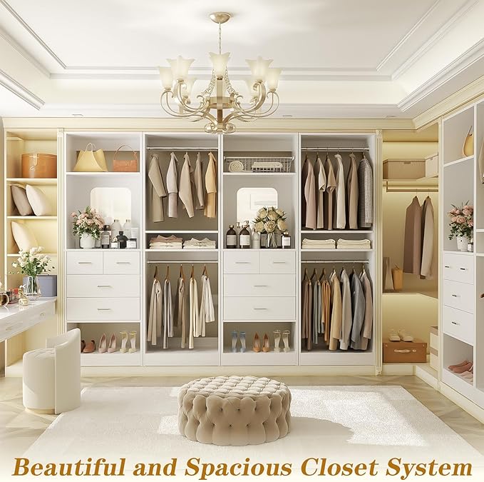 Unikito 100” Closet System with Drawers, 8.3FT Wood Closet Organizer with Hanging Rods and Mirror Design, Reversible Large Walk in Wardrobe Garment Rack with Shelves, Sturdy Closet Tower, White