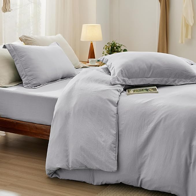 Bedsure Duvet Cover Queen Size with Fitted Sheet - 4 Pieces Prewashed Cotton-Like Extra Soft Bedding Set, Includes 1 Duvet Cover 90x90 Inches, 2 Pillow Shams, 1 Fitted Sheet, Light Grey