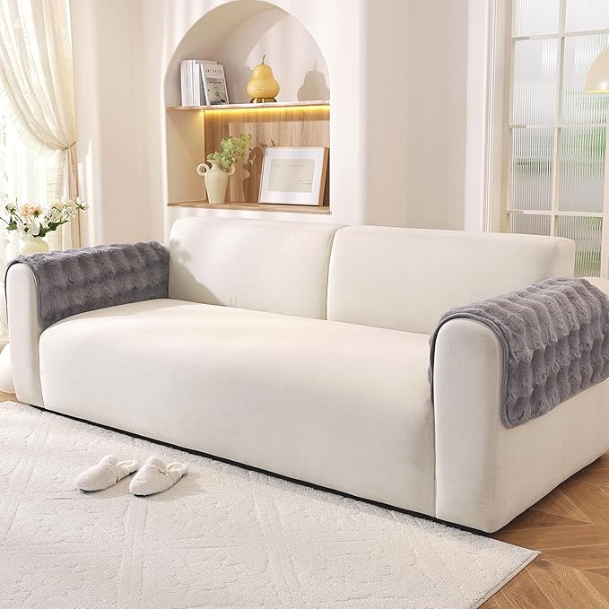Non-Slip Couch Arm Covers,Thick Soft Recliner Arm Chair Covers Set of 2 Waterproof Armrest Covers for Sofa, Washable Faux Fur Sofa Arm Cover (Grey, 24" x 24" 2 Pack)
