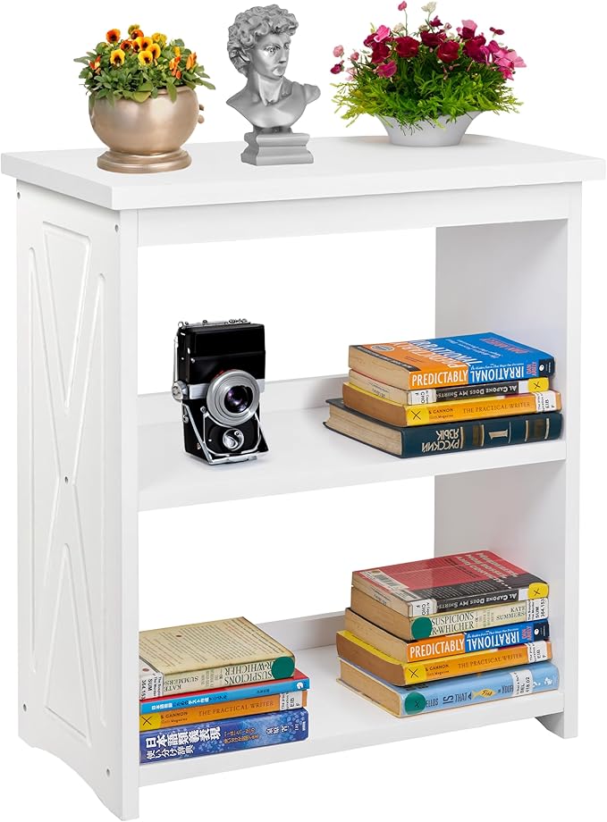 Natural Wood Bookshelf, 3 Tier Bookcase, Freestanding Display Storage Shelves Open Bookshelf for Bedroom, Living Room and Office (Brown, Open Table) (White, Table Open)