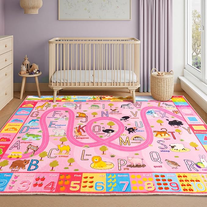 Kids Rugs Playmat for Bedroom Kids Room, Educational ABC Rug for Classroom, Non-Slip Washable Playroom Carpet for Boys Girls, Zoo Road Play Mat, 4x5 Pink