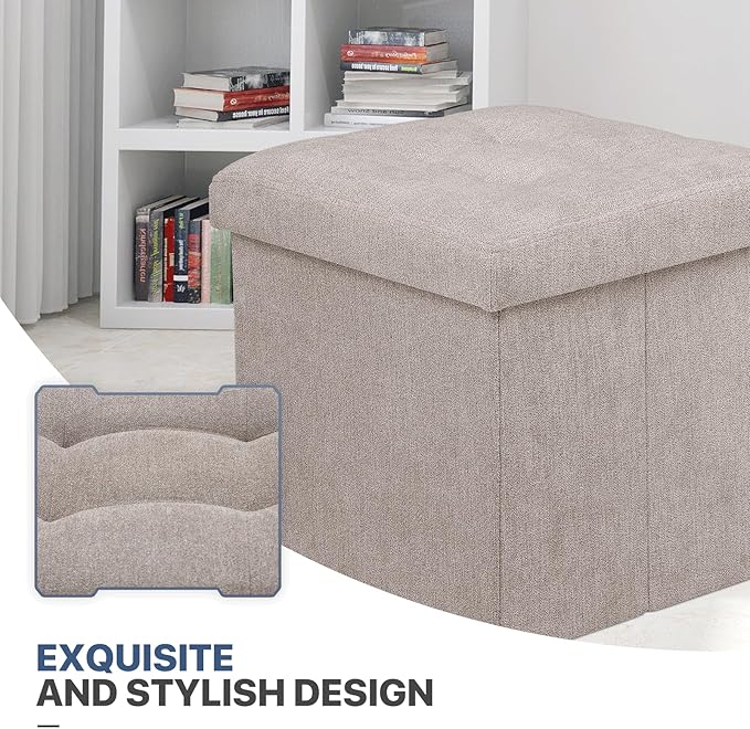MoNiBloom 15 Inches Storage Ottoman Cube, Folding Square Foot Rest Stool, Small Ottoman Footrest with Storage for Living Room, Bedroom, Entryway, Sandy Beige
