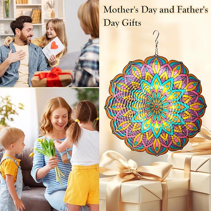 Mandala Wind Spinner - Purple Tulip Design | 12 Inch Stainless Steel Hanging Wind Sculpture & Catcher, 3D Kinetic Yard Art Garden Decor for Indoor & Outdoor | Meaningful Gift Idea