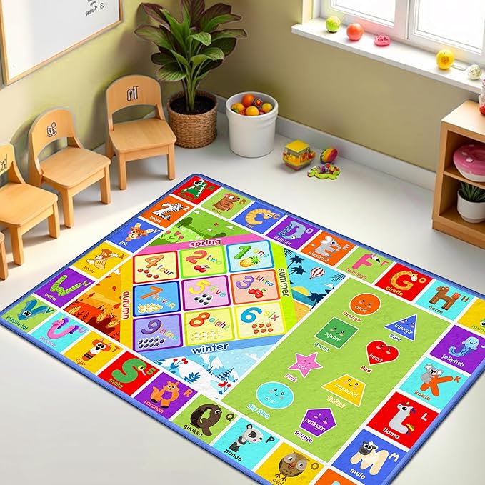 Kids Rug for Classroom & Playroom - ABC Alphabet Educational Area Rug with Animals Numbers & Shapes - Non-Slip Carpet Playmat for Nursery Preschool Elementary 4x6 Feet