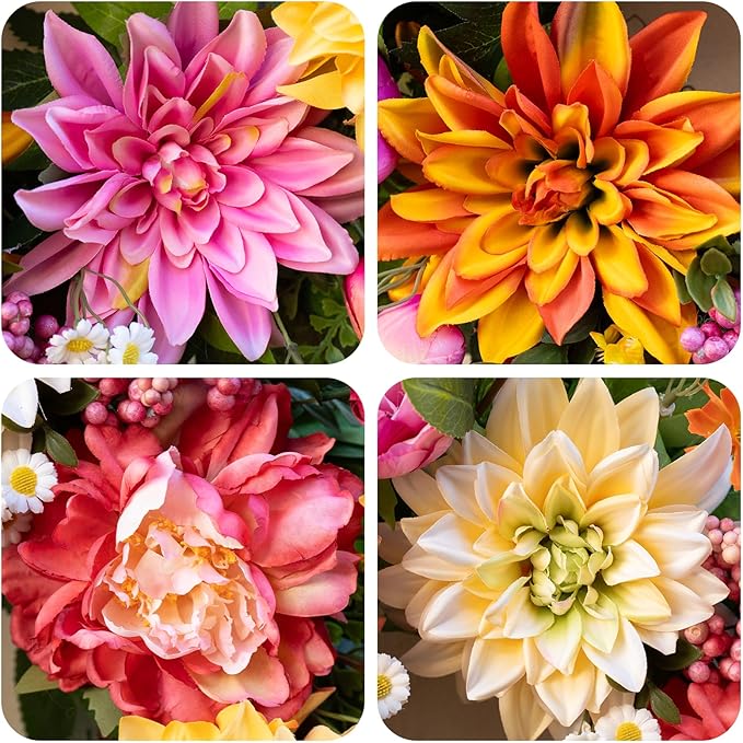 Spring Wreath 24 Inch Summer Wreaths for Front Door with Dahlia and Greenery, Wreath for All Seasons,Spring and Summer Wreaths for Front Door Outside or Indoor