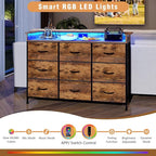 EXOTICA Industrial Dresser for Bedroom with Charging Station and LED Light Fabric Storage Dresser with 9 Fabric Drawers Chest of Drawers for Closet Hallway Sturdy Steel Frame Wooden Top