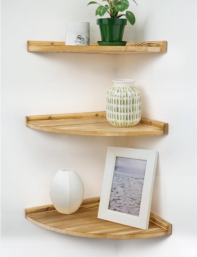 Corner Shelves Wall Mount, Farmhouse Rustic Corner Floating Shelf with Cord Hole, Wooden Storage Organizer Corner Wall Shelves for Kitchen Bathroom Living Room Bedroom Laundry, 12x12 Inch