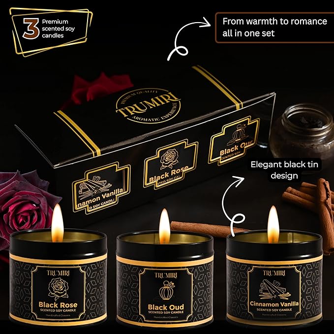 Candle Gift Set of 3 Sage Pine|Jasmine|Black Rose Strong Scented Soy Candels Natural Non Toxic Velas Aromáticas Favors for Women Coworkers Friends Guests Also for Fall Diwali Christmas Holidays