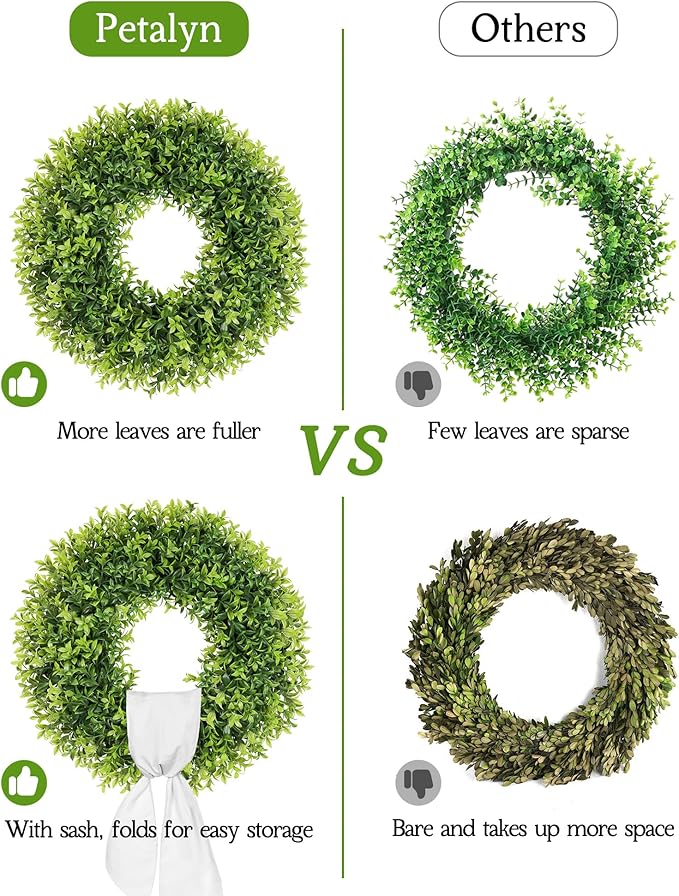 22 Inch Artificial Boxwood Wreaths for Front Door, Summer Door Wreath with Sash, Spring Green Wreath Weatherproof for Wall Window Porch Farmhouse Wedding Decor All Year Round Indoor Outdoor