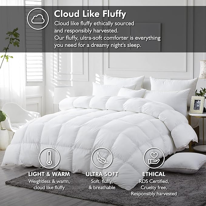 Luxurious White Solid Medium Weight, Palatial King Size Goose Feathers Down Comforter for All-Season Weather, 120 X 98 inches, Premium Baffle Box, 100% Egyptian Cotton Cover, 85 oz. Fill Weight