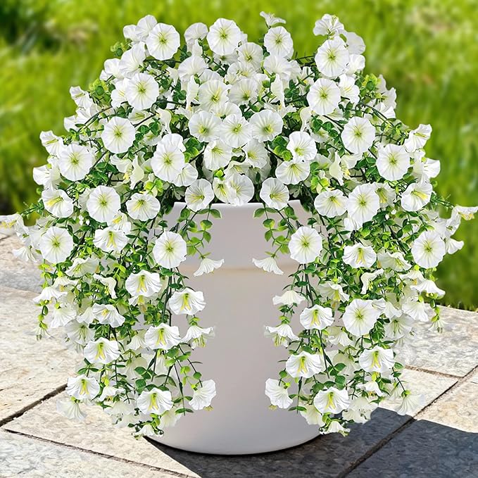 Artificial Hanging Flowers for Outdoors, 4 PCS UV Resistant Faux Plants Silk Realistic 150 Morning Glory Each Vines, Fake Plastic Floral for Garden Patio Spring Summer Decor, White