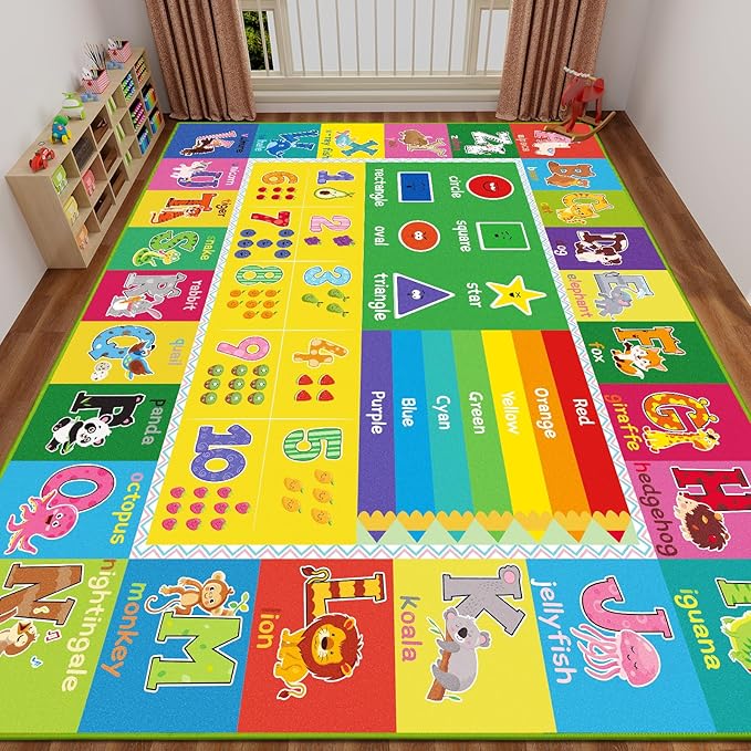 ABC Carpet, Kids Rugs for Playroom, Educational Play Mat for Kids, Preschool Rugs with ABC, Numbers, Animals Learning Carpet for Bedroom Playroom Classroom Baby Toddler Children (Yellow, 78.7X59 INCH)