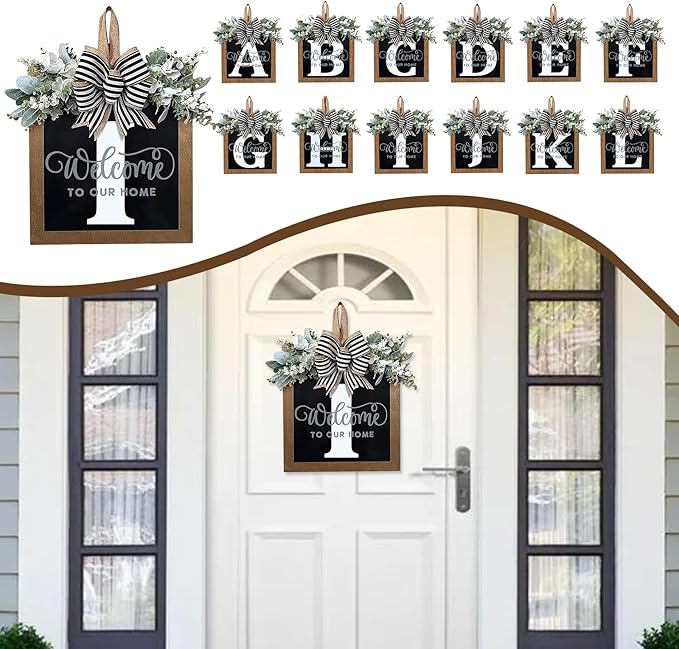 Ultra Large 14'' Last Name All Year Round Front Door Wreath with 26 Initial Letter Welcome Sign All Seasons Eucalyptus Garland and Bow Wreaths for Front Door Porch Farmhouse Decoration (I)