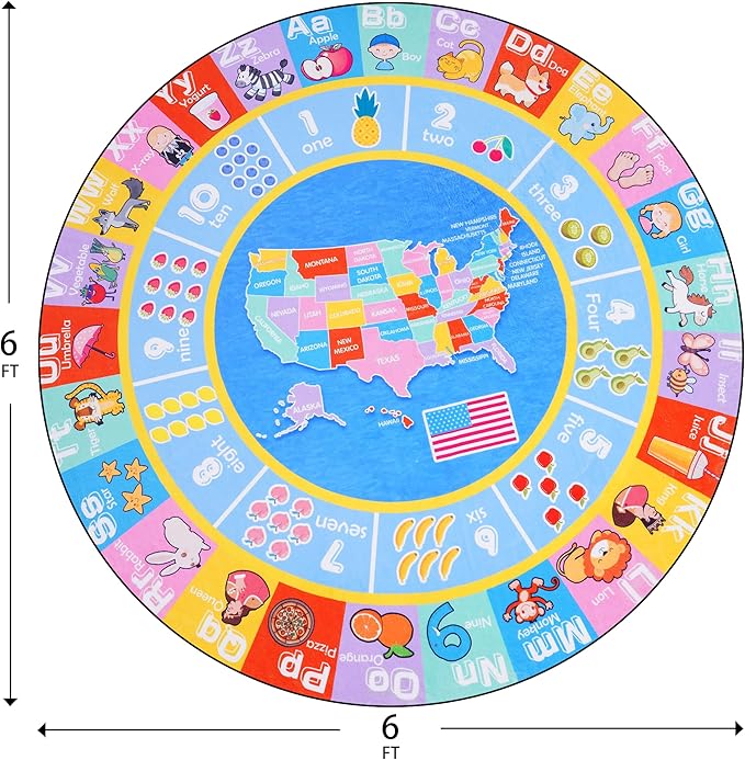 Kids Rugs for Playroom - Soft & Non-Slip 6x6 Feet Round Educational Rug for Learning ABC Alphabet, Numbers, Shapes & Map, Washable Classroom Rug for Toddler Nursery & Kids Room Decor