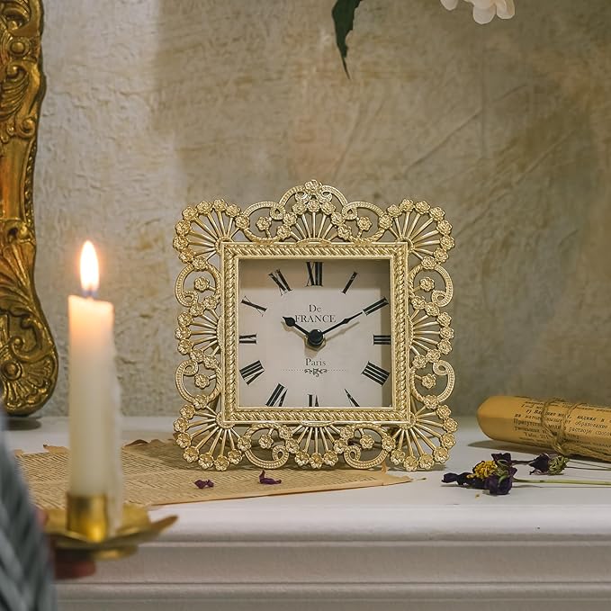 NIKKY HOME Gold Table Clock, Shabby Chic Decorative Desk Clock, Vintage Desk Clocks Non-Ticking Battery Operated for Living Room Bathroom