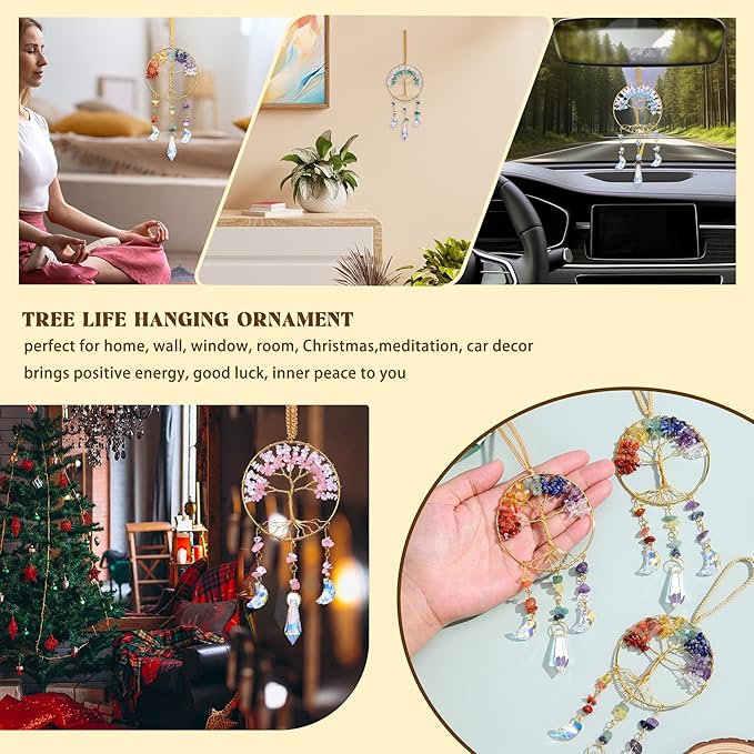 CrystalTears Crystal Tree Life Hanging Ornament Handmade Aquamarine Clear Quartz Healing Crystal Gemstone Glass Suncatcher for Home Window Wall Decoration Crystal Gifts for Women Men Friends