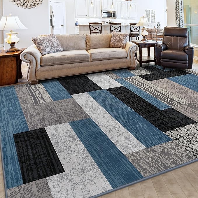 FlyDOIT Modern Geometric Patchwork Area Rug, 5x8 Blue Large Rugs for Living Room, Rockwood Collection Indoor Rugs for Bedroom, Throw Carpet Floor Decor for Entryway Dining Room Office Nursery