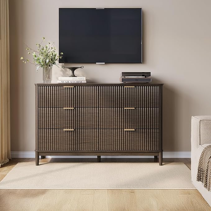 LINSY HOME Fluted 6 Drawer Double Dresser, 54" Wide Modern Chest of Drawers, Curved Profile Design, Mid Century Wood Dresser with Metal Handle for Bedroom, Living Room, Hallway, Entryway, Walnut
