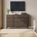 LINSY HOME Fluted 6 Drawer Double Dresser, 54" Wide Modern Chest of Drawers, Curved Profile Design, Mid Century Wood Dresser with Metal Handle for Bedroom, Living Room, Hallway, Entryway, Walnut