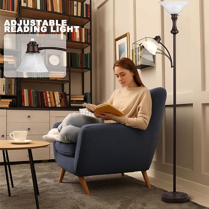 71'' Torchiere Floor Lamps for Living Room, Tall Floor Lamp for Bedroom with Adjustable Angle Arc Reading lamp, Modern Standing lamp with Glass Shade, Knob Switch, Bulb Included, Red Brown