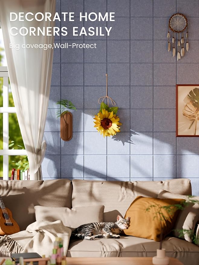 Bumusty Large Felt Bulletin Board, 48" x 36" Cork Board Alternative, 12-Pack Wall Tiles with 4-Compartment Design, 30 Push Pins, 70 Adhesive Tabs, Ideal for Office & Home Decor, Soft Periwinkle