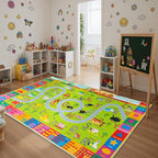 Kids Rugs Playmat for Bedroom Kids Room, Educational ABC Rug for Classroom, Non-Slip Washable Playroom Carpet for Boys Girls, Zoo Road Play Mat, 4x5 Green
