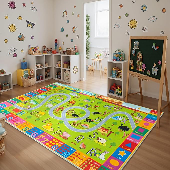 Kids Rugs Playmat for Bedroom Kids Room, Educational ABC Rug for Classroom, Non-Slip Washable Playroom Carpet for Boys Girls, Zoo Road Play Mat, 4x5 Green