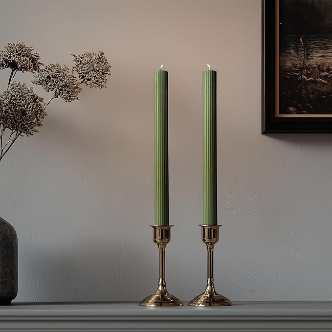 10" Candle Sticks, Ribbed Taper Candles, Moss Green, 4-Pack, Unscented
