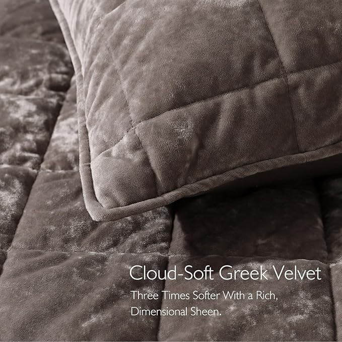 KASENTEX Greek Velvet Twin Quilt Set, 3× Softer Luxe Sheen, 100% Cotton Backing, 150GSM Down-Alternative Fill, Expanded 68×90" Coverage for Fuller Side Drape (1 Quilt + 1 Pillow Shams), Fossil