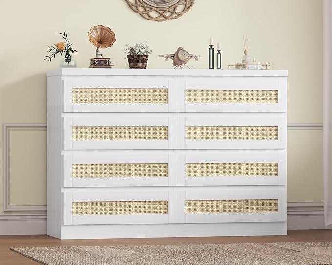47 Inch Rattan 8 Drawer Dresser, Modern Farmhouse Chest of Drawers, Tv Stand Dresser Accent Furniture for Living Room, Bedroom, Entryway