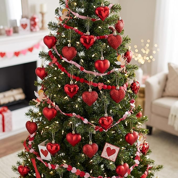 60pcs Valentine's Day Heart Ornaments - Valentine's Mother's Day Heart Baubles Shaped Hanging Ornaments Decoration for Valentine Tree Wedding Anniversary Party (Red)