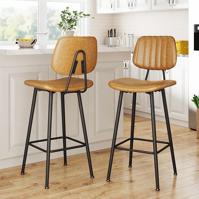 29-Inch Leather Bar Stools Set of 2, Counter Height Barstools with High Backrest，Bar Chairs for Kitchen Island with Heavy Duty Metal Legs, Brown