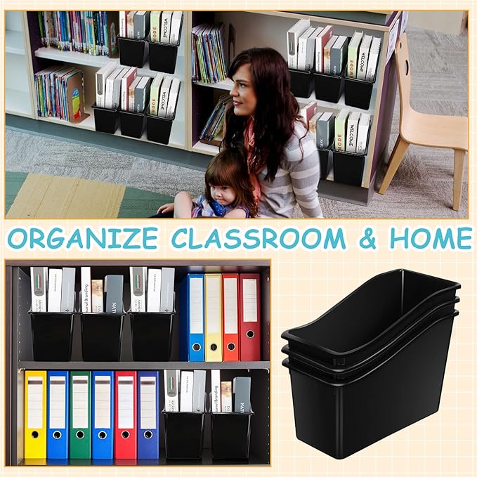 Fuutreo 12 Pieces Book Bins for Classroom Plastic Binder Holder Magazine Stuff Folder File Organizer Box for Home Office School Supplies(24 pcs,Black)