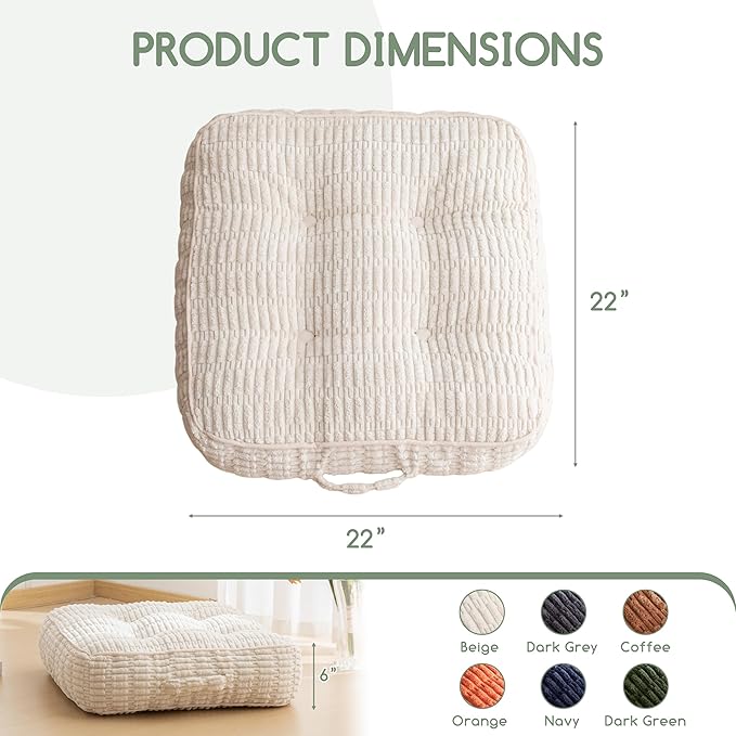 6" Washable Floor Pillow Cushion for Adults, Meditation Cushion Pillow, Removable Tufted Blended Corduroy Cover, Large Square Floor Sitting for Tatami Living Room or Yoga, 2Pack, Machine Washable