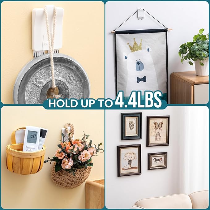 TAILI Picture Hangers 4 Pcs, Damage Free Picture Hangers for Walls，Adhesive Picture Hanging Hooks Without Nails，Art Hanger for Bathroom Kitchen Home Door Closet, Inclue 2 Extra Strips