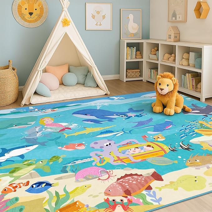 Large Blue Ocean Rug for Kids Room – 8x10 Play Mat with Mermaid & Fish, Washable Non Slip Fun Crawling Carpet for Classroom Elementory, Playroom or Beach Rugs for Bedroom