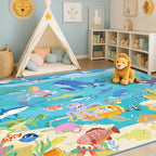 Large Blue Ocean Rug for Kids Room – 8x10 Play Mat with Mermaid & Fish, Washable Non Slip Fun Crawling Carpet for Classroom Elementory, Playroom or Beach Rugs for Bedroom