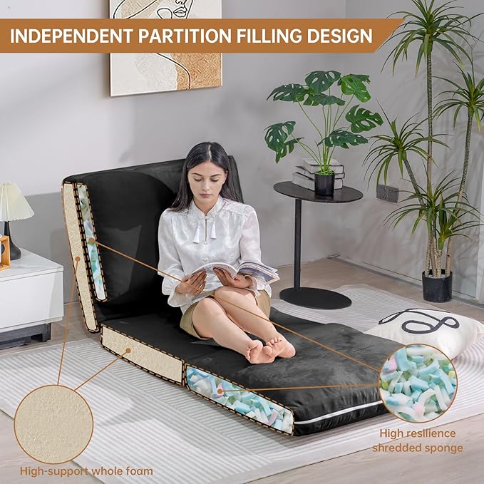 Bean Bag Chairs for Adults,Folding Sofa Bed,Floor Couch Bed, Foam Filling Fold Floor Mattress with Washable Soft Faux Fur Cover, Leisure Floor Couch for Bedroom Living Room(Black,Single)