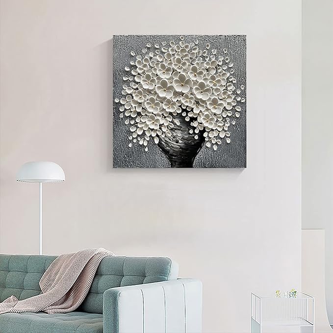 White Flower Oil Painting Modern Abstract Art Oil Painting Home Bedroom, Dining Room, Living Room, Office Wall Decoration (20x20 inches)