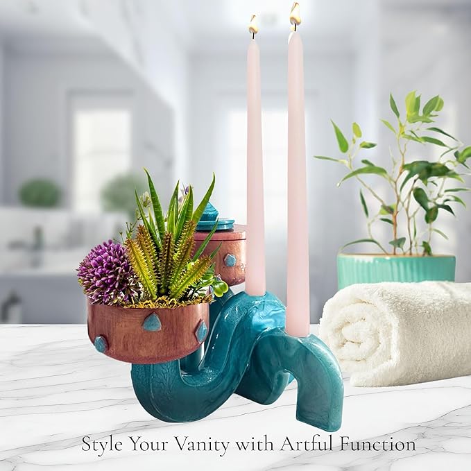 Luxury Centerpiece Serving Pedestal Bowl & Candle Holder Stand Combo with Stone Accents (Rose Gold Combo Pedestal Bowl with Teal Candle Holder Stand & Stone Accents, Set of 2)