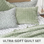 RECYCO Luxury Velvet Quilt Set Full Queen Size Bedding Sets, Ultra Soft Velvet Comforter Set, Lightweight Channel Box Stitch Oversized Bedspread Coverlet for All Season, with 2 Shams, Sage Green