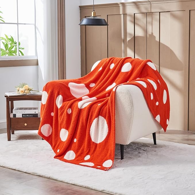 CozeCube Super Soft Fullfy Microfiber Reversible Knitted Blankets, Warm Cozy Fuzzy Plush Throw, Orange red and White Polka Dot Throw Blanket for Couch Bed Sofa, 50" x 60"